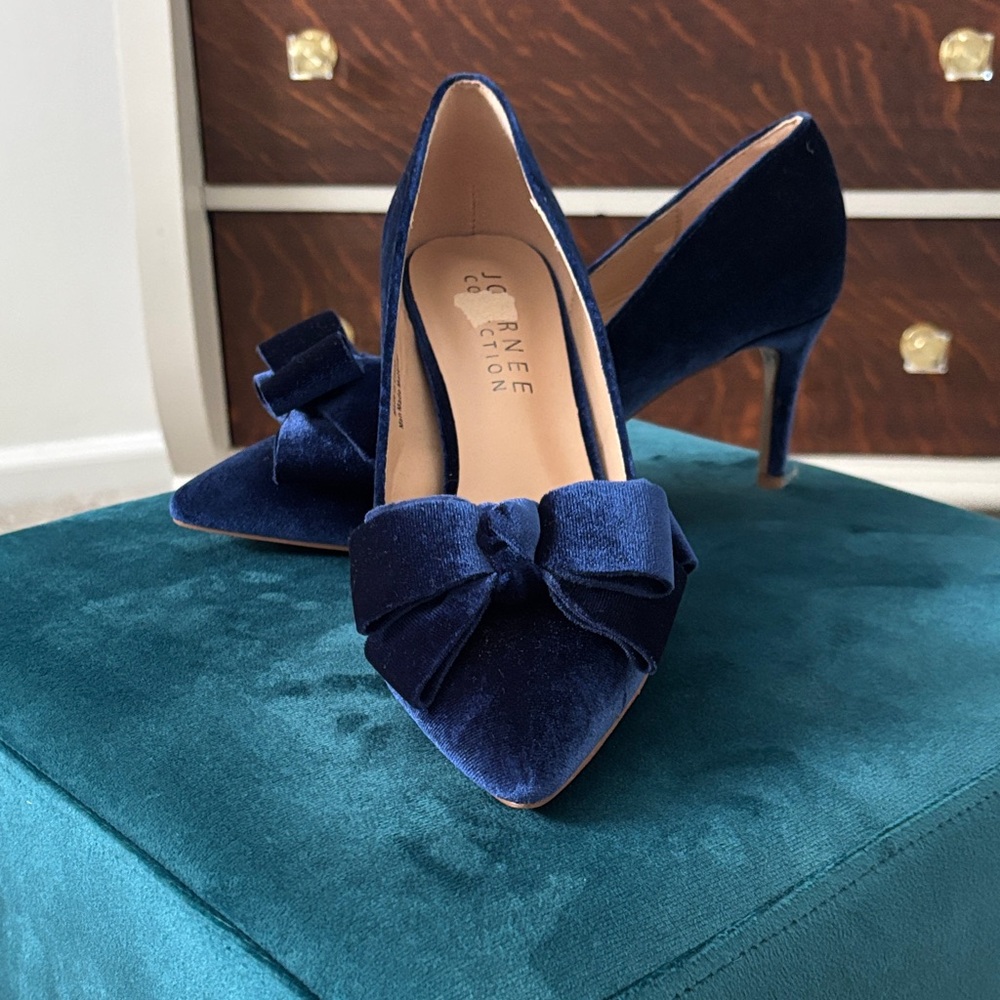 Journee Collection Dark Blue Velvet Heels with Bow